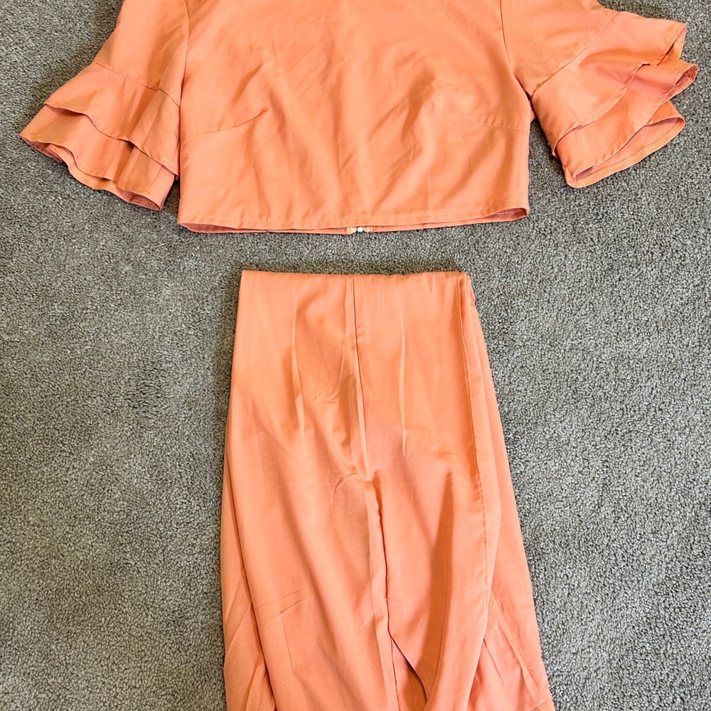 Peach Ruffle-Sleeve Crop Top with High-Waist Trousers